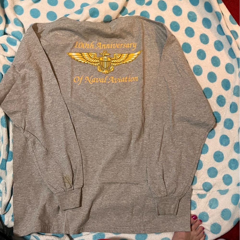 A gray t-shirt with 100th Navel Aviation shirt.